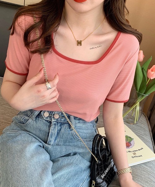 mielu(ミエル)の「配色スクエアネックトップス《春夏/レディース/パイピング/Tシャツ/ショート/ミニ》(ニット/セーター・レディース・ピンク/ブルー/ブラック/ベージュ/ホワイト・LARGE/MEDIUM)」の8枚目の写真