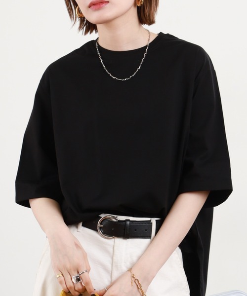 FUNALIVE(ファンアライブ)の「シルケットバックスリット切替プルオーバー 半端袖(Tシャツ/カットソー・レディース・ブラック/アイボリー/ライトグリーン/モカ/グレイッシュブルー/サックスブルー・M-L)」の1枚目の写真