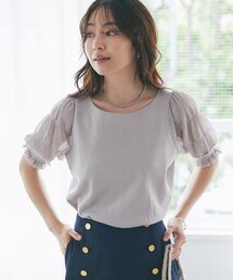 【二の腕カバーのお上品見え】シャーリング5分袖ラメニット