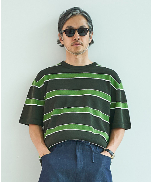 EDIFICE(エディフィス)の「《EDIFICE by PIPPIOLINO》ボーダー ニット Tシャツ(Tシャツ/カットソー・メンズ・ブルー/グリーン・LARGE/MEDIUM)」の1枚目の写真