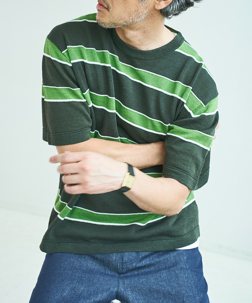 EDIFICE(エディフィス)の「《EDIFICE by PIPPIOLINO》ボーダー ニット Tシャツ(Tシャツ/カットソー・メンズ・ブルー/グリーン・LARGE/MEDIUM)」の5枚目の写真