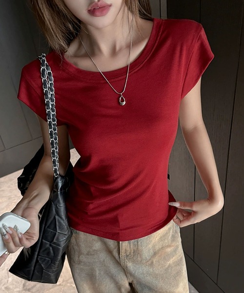 meJane(ミージェーン)の「フレンチスリーブTシャツ(Tシャツ/カットソー・レディース・ワインレッド/ホワイト/モカ/ブラック・FREE)」の2枚目の写真