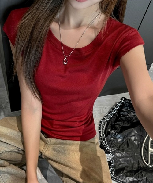 meJane(ミージェーン)の「フレンチスリーブTシャツ(Tシャツ/カットソー・レディース・ワインレッド/ホワイト/モカ/ブラック・FREE)」の7枚目の写真