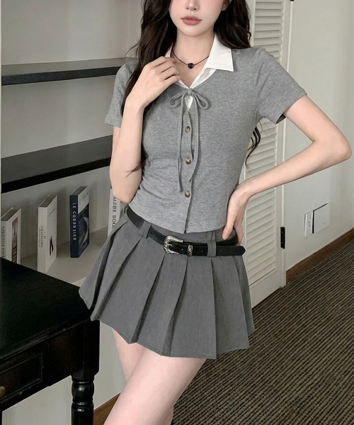 VIVID LADY(ビビッドレディー)の「レイヤード風 ショート丈 半袖リボントップス(Tシャツ/カットソー・レディース・グレー/ブラック・FREE)」の2枚目の写真