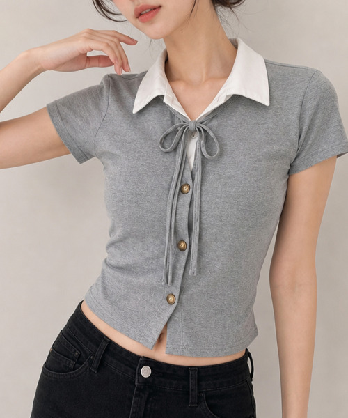 VIVID LADY(ビビッドレディー)の「レイヤード風 ショート丈 半袖リボントップス(Tシャツ/カットソー・レディース・グレー/ブラック・FREE)」の6枚目の写真