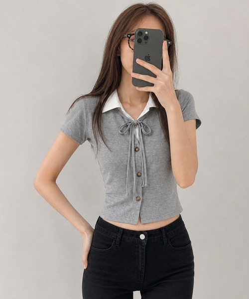 VIVID LADY(ビビッドレディー)の「レイヤード風 ショート丈 半袖リボントップス(Tシャツ/カットソー・レディース・グレー/ブラック・FREE)」の8枚目の写真