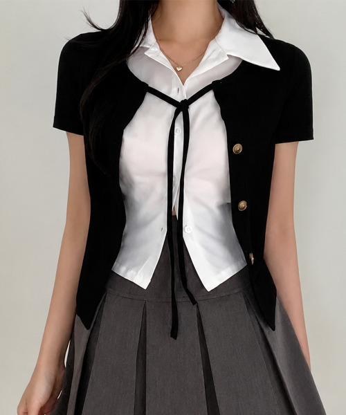 VIVID LADY(ビビッドレディー)の「レイヤード風 ショート丈 半袖リボントップス(Tシャツ/カットソー・レディース・グレー/ブラック・FREE)」の11枚目の写真