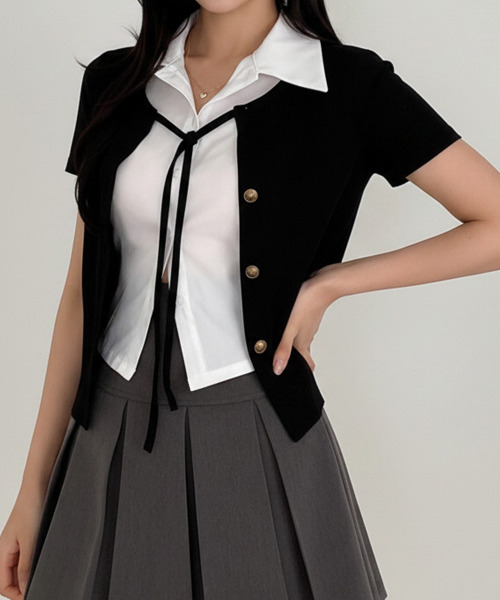 VIVID LADY(ビビッドレディー)の「レイヤード風 ショート丈 半袖リボントップス(Tシャツ/カットソー・レディース・グレー/ブラック・FREE)」の12枚目の写真