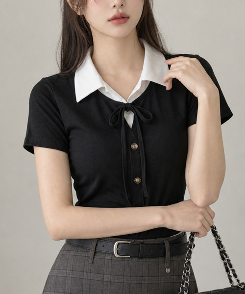 VIVID LADY(ビビッドレディー)の「レイヤード風 ショート丈 半袖リボントップス(Tシャツ/カットソー・レディース・グレー/ブラック・FREE)」の14枚目の写真