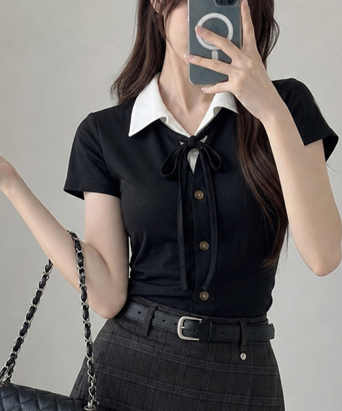 VIVID LADY(ビビッドレディー)の「レイヤード風 ショート丈 半袖リボントップス(Tシャツ/カットソー・レディース・グレー/ブラック・FREE)」の15枚目の写真