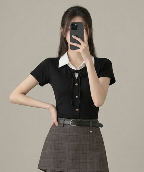VIVID LADY(ビビッドレディー)の「レイヤード風 ショート丈 半袖リボントップス(Tシャツ/カットソー・レディース・グレー/ブラック・FREE)」の16枚目の写真