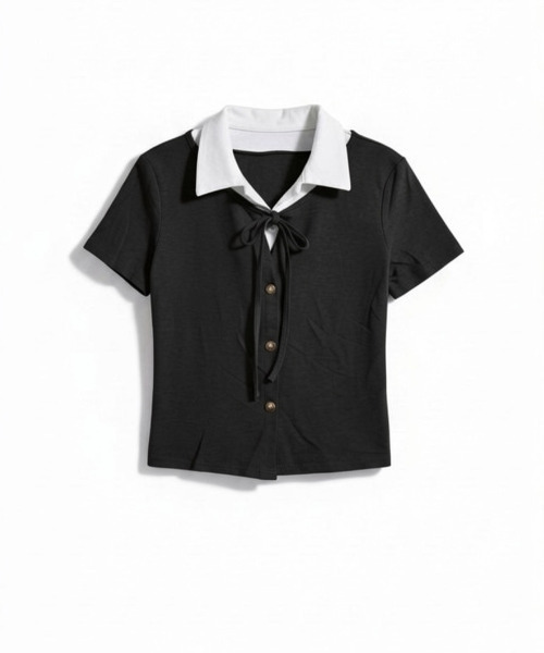 VIVID LADY(ビビッドレディー)の「レイヤード風 ショート丈 半袖リボントップス(Tシャツ/カットソー・レディース・グレー/ブラック・FREE)」の18枚目の写真