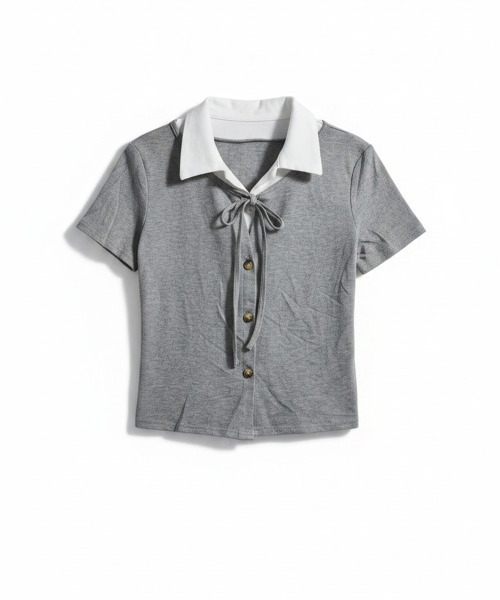 VIVID LADY(ビビッドレディー)の「レイヤード風 ショート丈 半袖リボントップス(Tシャツ/カットソー・レディース・グレー/ブラック・FREE)」の19枚目の写真