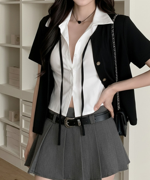 VIVID LADY(ビビッドレディー)の「レイヤード風 ショート丈 半袖リボントップス(Tシャツ/カットソー・レディース・グレー/ブラック・FREE)」の22枚目の写真