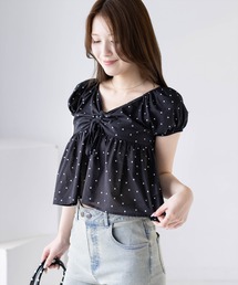 clear | 2wayフロントリボンドット柄ブラウス［骨格ウェーブ／ペプラム／シャーリング／フェミニン］(シャツ/ブラウス)