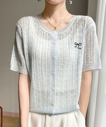 リボン刺繍ケーブルニットシアー半袖カーディガン
