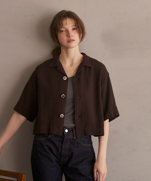 Bshop(ビショップ)の「INDIA INDUSTRY | コットンメッシュ 半袖オープンカラーシャツ WOMEN(シャツ/ブラウス・レディース・ブラック/ダークブラウン・1)」の4枚目の写真