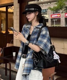 ヴィンテージライクオンブレチェック半袖オーバーサイズルーズシャツ