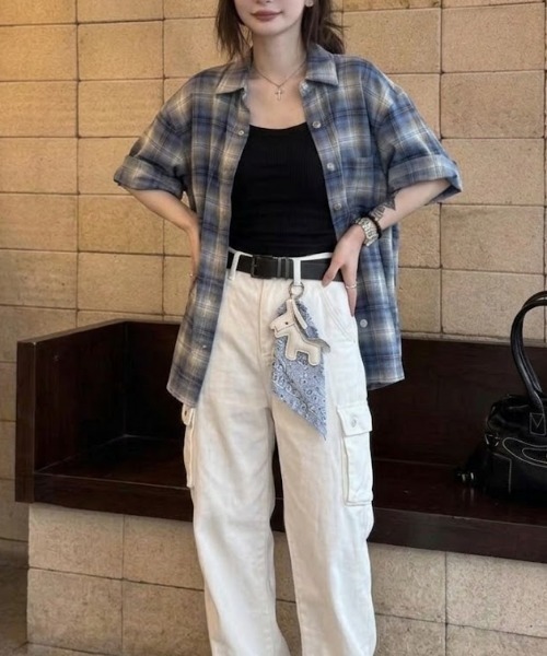 AVYL（アヴィル）の「ヴィンテージライクオンブレチェック半袖オーバーサイズルーズシャツ（シャツ/ブラウス・レディース・ブルー・M）」の4枚目の写真