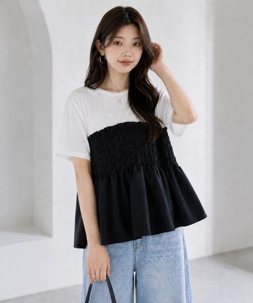 by LEGNA(バイレグナ)の「シャーリング切替ペプラムドッキングトップス(Tシャツ/カットソー・レディース・ブラウン/ブラック・FREE)」の4枚目の写真