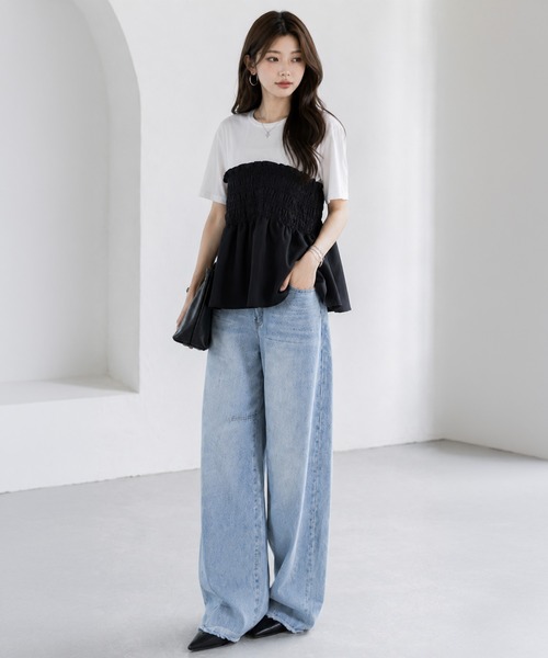 by LEGNA(バイレグナ)の「シャーリング切替ペプラムドッキングトップス(Tシャツ/カットソー・レディース・ブラウン/ブラック・FREE)」の5枚目の写真