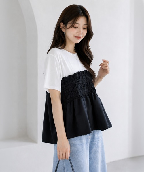 by LEGNA(バイレグナ)の「シャーリング切替ペプラムドッキングトップス(Tシャツ/カットソー・レディース・ブラウン/ブラック・FREE)」の6枚目の写真