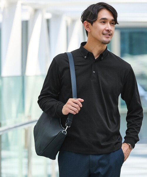 green label relaxing(グリーンレーベルリラクシング)の「【WEB限定】JUST fit デイリー ドライ ボタンダウン 長袖 ポロシャツ -吸水速乾・抗菌-(ポロシャツ・メンズ・ブラック/ダークグレー/ネイビー・L/M/XL/S)」の1枚目の写真