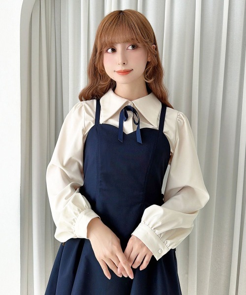 F i.n.t(フィント)の「サイドリボンギャザー切替キャミワンピース/fint フィント(ワンピース・レディース・ネイビー/グレー・FREE)」の9枚目の写真