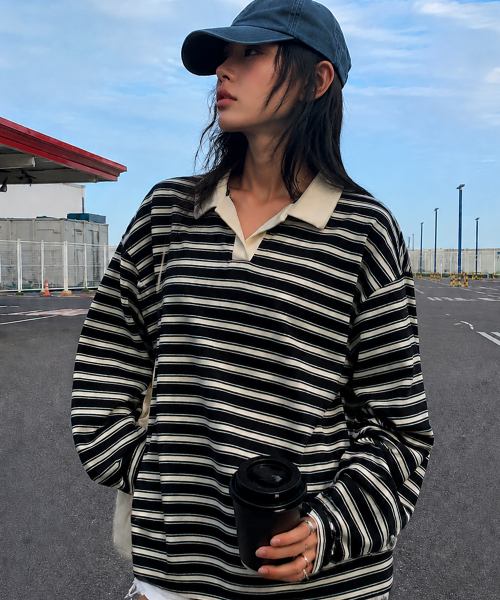 MOAA(モア)の「ハーバー ストライプカラーTシャツ(チャコール)(ポロシャツ・レディース・その他・FREE)」の1枚目の写真