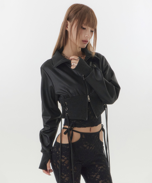 KRUXH(クルクス)の「サイドレースアップ ハイネック クロップドジップアップ アッシュブラック(ライダースジャケット・レディース・その他・FREE)」の1枚目の写真