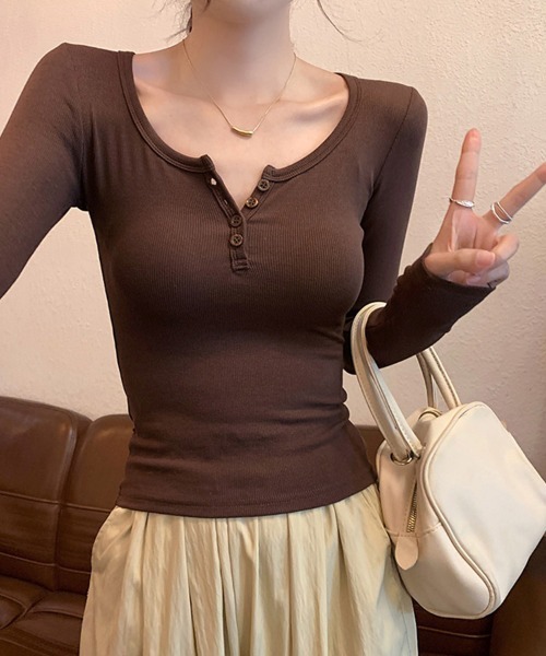 LEMOA(レモア)の「リブヘンリーネック長袖カットソー(Tシャツ/カットソー・レディース・グレー/ホワイト/ブラウン/ブラック・MEDIUM/X-LARGE/LARGE)」の20枚目の写真