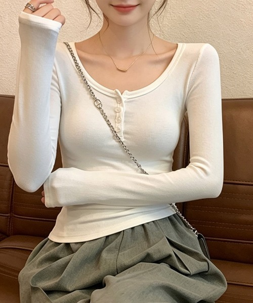 LEMOA(レモア)の「リブヘンリーネック長袖カットソー(Tシャツ/カットソー・レディース・グレー/ホワイト/ブラウン/ブラック・MEDIUM/X-LARGE/LARGE)」の12枚目の写真
