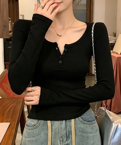LEMOA(レモア)の「リブヘンリーネック長袖カットソー(Tシャツ/カットソー・レディース・グレー/ホワイト/ブラウン/ブラック・MEDIUM/X-LARGE/LARGE)」の7枚目の写真