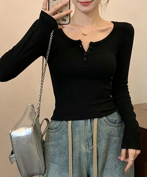 LEMOA(レモア)の「リブヘンリーネック長袖カットソー(Tシャツ/カットソー・レディース・グレー/ホワイト/ブラウン/ブラック・MEDIUM/X-LARGE/LARGE)」の8枚目の写真