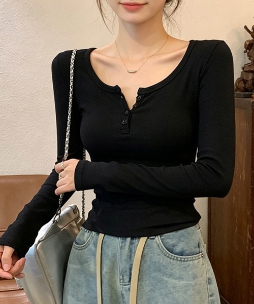 LEMOA(レモア)の「リブヘンリーネック長袖カットソー(Tシャツ/カットソー・レディース・グレー/ホワイト/ブラウン/ブラック・MEDIUM/X-LARGE/LARGE)」の9枚目の写真