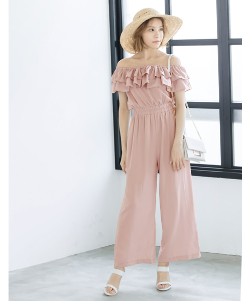 Re:EDIT（リエディ）の「[ロマンティックなボリュームフリル]フリルオフショルダーオールインワンボトムス/パンツ/オールインワン[リエディ]（つなぎ/オールインワン・レディース・グレー/ベージュ/マスタード/ネイビー/ブラック/ピンク/グリーン・MEDIUM/SMALL/LARGE）」の7枚目の写真