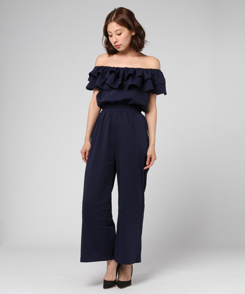 Re:EDIT（リエディ）の「[ロマンティックなボリュームフリル]フリルオフショルダーオールインワンボトムス/パンツ/オールインワン[リエディ]（つなぎ/オールインワン・レディース・グレー/ベージュ/マスタード/ネイビー/ブラック/ピンク/グリーン・MEDIUM/SMALL/LARGE）」の6枚目の写真