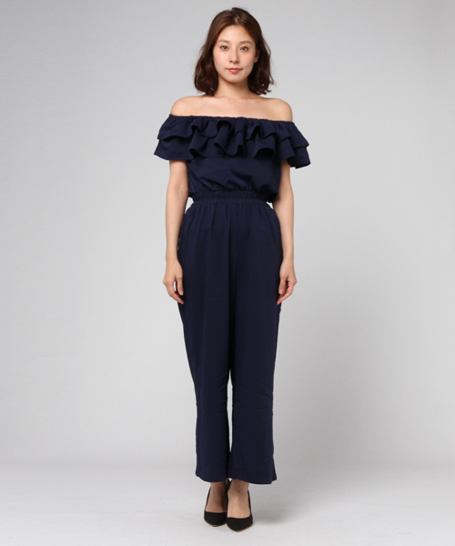 Re:EDIT（リエディ）の「[ロマンティックなボリュームフリル]フリルオフショルダーオールインワンボトムス/パンツ/オールインワン[リエディ]（つなぎ/オールインワン・レディース・グレー/ベージュ/マスタード/ネイビー/ブラック/ピンク/グリーン・MEDIUM/SMALL/LARGE）」の8枚目の写真