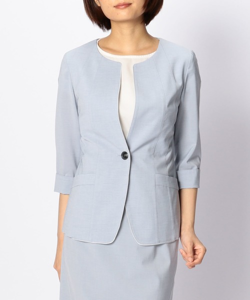 NARACAMICIE(ナラカミーチェ)の「【セットアップスーツ対応】キュプラポリエステルノーカラージャケット(スーツジャケット・レディース・ネイビー/ブルー/ブラック・MEDIUM/LARGE/SMALL)」の3枚目の写真