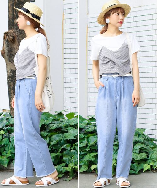 reca(レカ)の「センターライン 切り替えリメイク風 切りっぱなし ハイウエストデニム(デニムパンツ・レディース・ネイビー/ブルー系その他・M)」の4枚目の写真