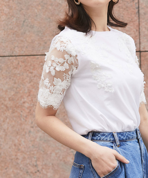 &. NOSTALGIA（アンドドットノスタルジア）の「レーススリーブTシャツ（Tシャツ/カットソー・レディース・ホワイト/ブラック/カーキ/ネイビー・FREE）」の5枚目の写真