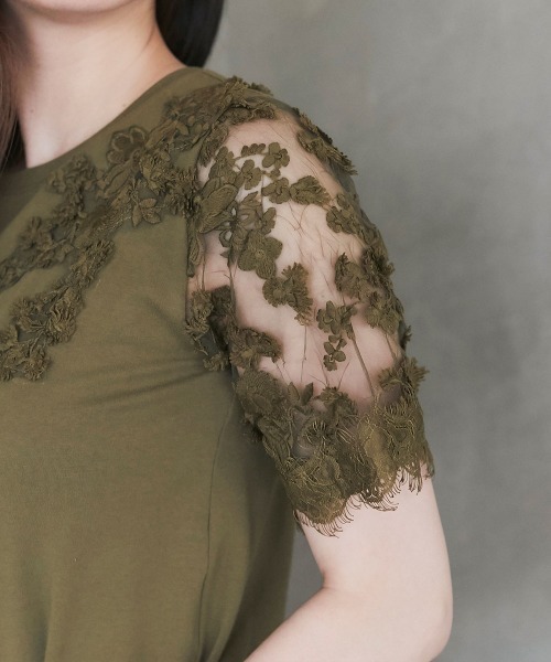 &. NOSTALGIA（アンドドットノスタルジア）の「レーススリーブTシャツ（Tシャツ/カットソー・レディース・ホワイト/ブラック/カーキ/ネイビー・FREE）」の12枚目の写真