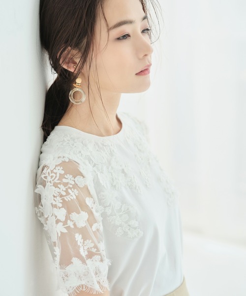 &. NOSTALGIA（アンドドットノスタルジア）の「レーススリーブTシャツ（Tシャツ/カットソー・レディース・ホワイト/ブラック/カーキ/ネイビー・FREE）」の14枚目の写真