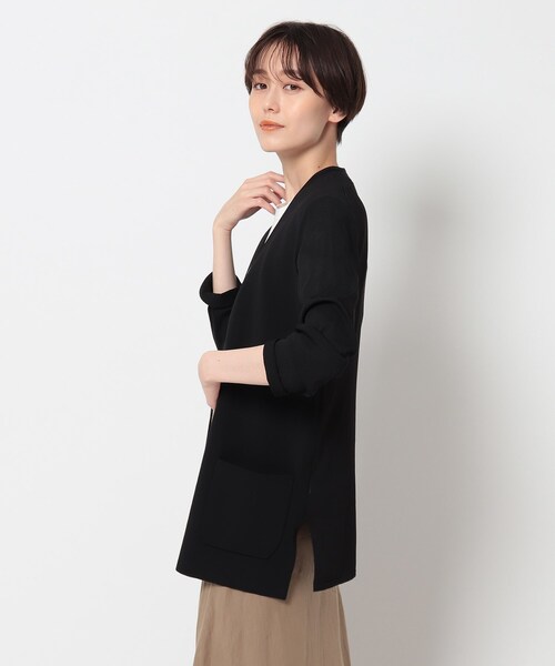 インディヴィINDIVIノーカラーニットジャケット38白グレー INDIVI（インディヴィ）の「◇「S」ノーカラーニットジャケット（ノー