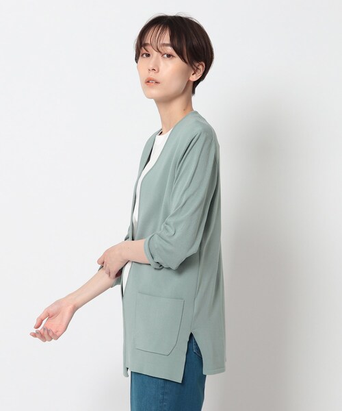 インディヴィINDIVIノーカラーニットジャケット38白グレー INDIVI（インディヴィ）の「◇「S」ノーカラーニットジャケット（ノー