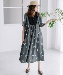 drawingフラワープリントヨーク切替ワンピース