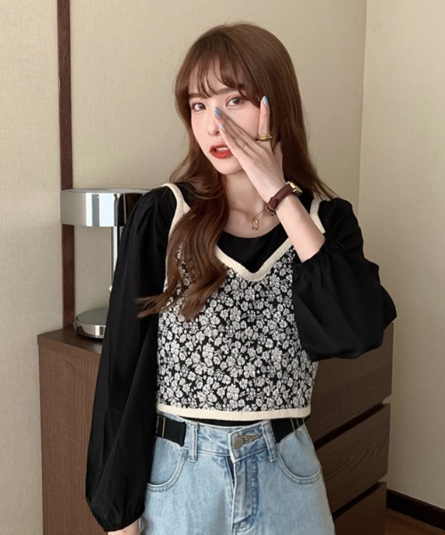 KOR（ケーオーアール）の「小花柄ビスチェ キャミソール（ベスト・レディース・ブラック・FREE）」の6枚目の写真