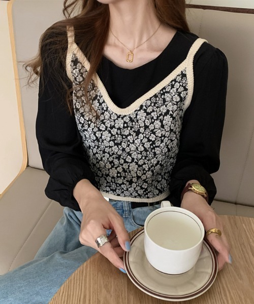 KOR（ケーオーアール）の「小花柄ビスチェ キャミソール（ベスト・レディース・ブラック・FREE）」の3枚目の写真