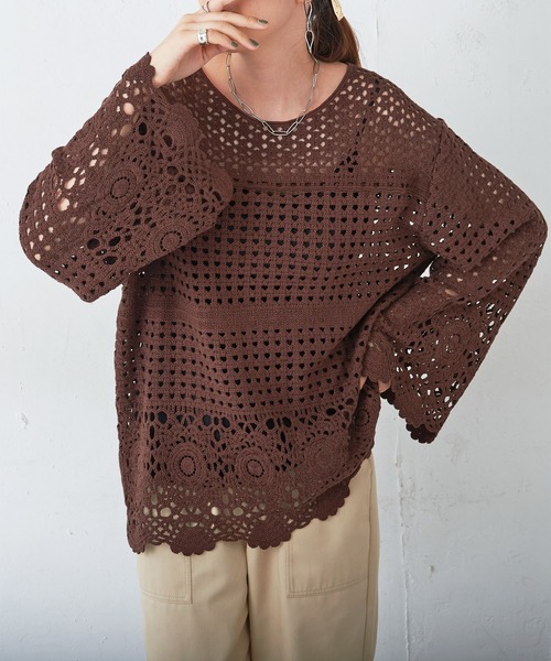 Theory 鍵編みプルオーバー Crochet] Long-sleeved pullover made with two straight knits🌟DAISO