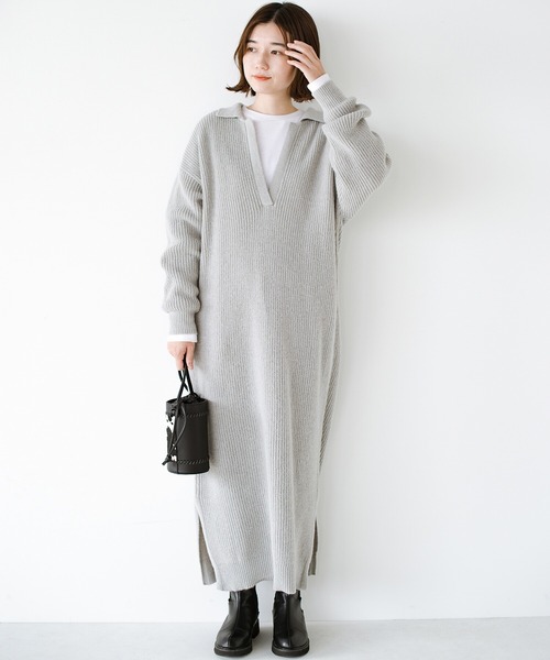 haco!(ハコ)の「ニットワンピースの「ほっこり見え・ぴたっと張り付き」を回避! ゆるりと着られて重ね着も楽しめるロングニットワンピースby who made me(ワンピース・レディース・ライトグレー/ブラック・SMALL/MEDIUM/LARGE/X-LARGE)」の1枚目の写真
